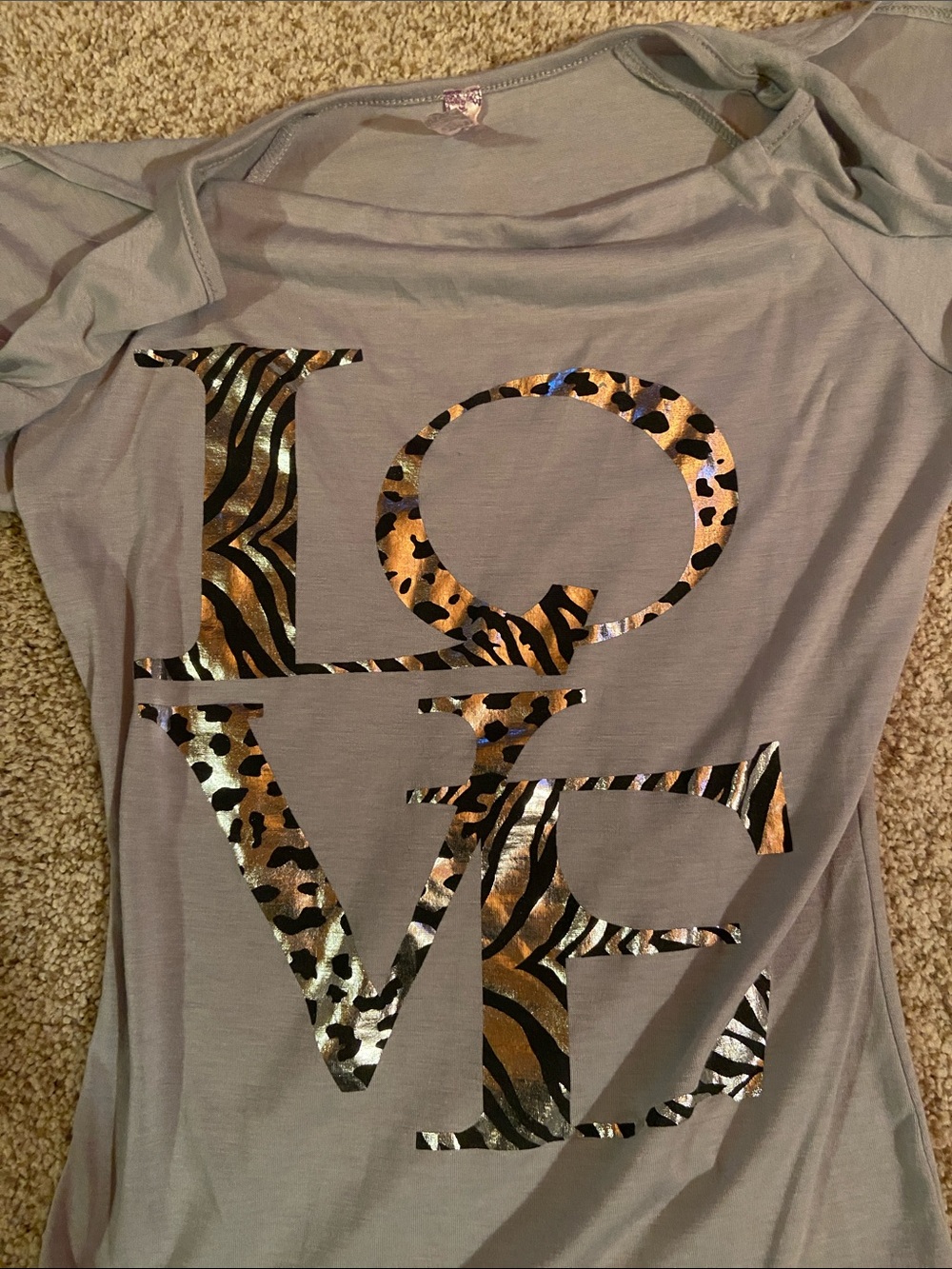 Multiples Gray Short Sleeve Top with Leopard LOVE Graphic - Picture 5 of 5